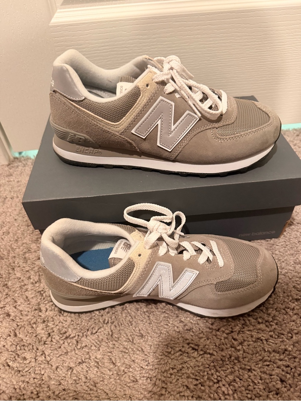 New Balance Taupe and White 574 Retro Sneakers